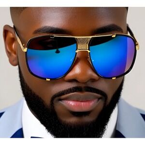 Sunglasses Blue Lens Gold‎ Accents Fashion Pilot Sun Glasses Men Street Wear New